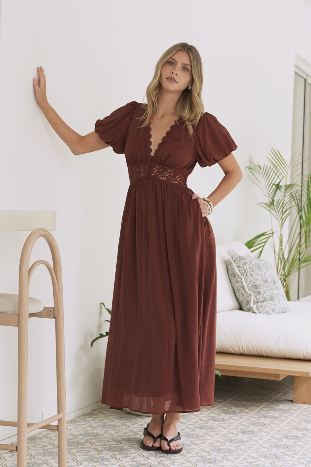 Alexis Midi Dress - Lace Trim V-Neck A-Line Dress with Pockets in Rust