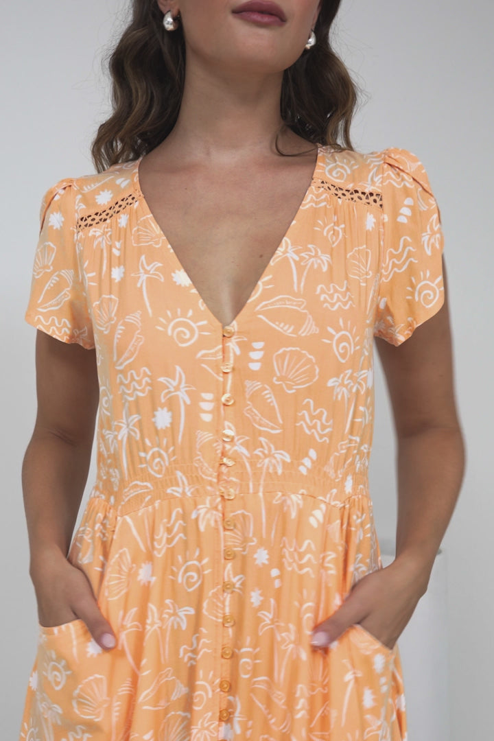 Carmen Maxi Dress - Butterfly Cap Sleeve Button Down A Line Dress with Lace Trim in Peach Island Print