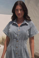 Sharlan Midi Dress - A-Line Button Detailed Denim Dress in Mid Denim Wash