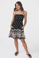 Marlin Mini Dress - Rick Rack Splicing Sun Dress with Adjustable Straps in Valia Print Black