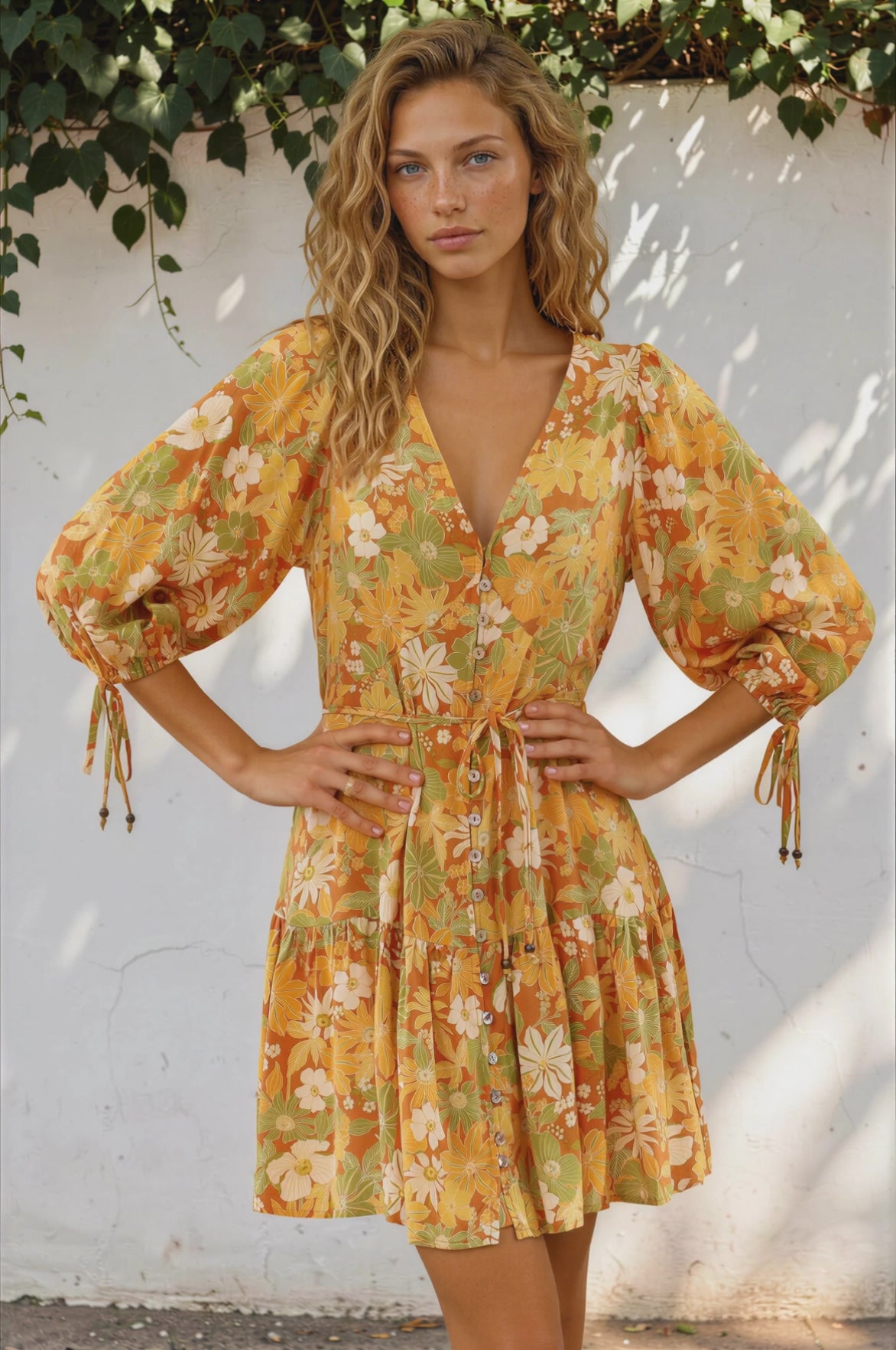 Luna Mini Dress - Deep V-Neck Button Down with 3/4 Sleeves in Camira Print