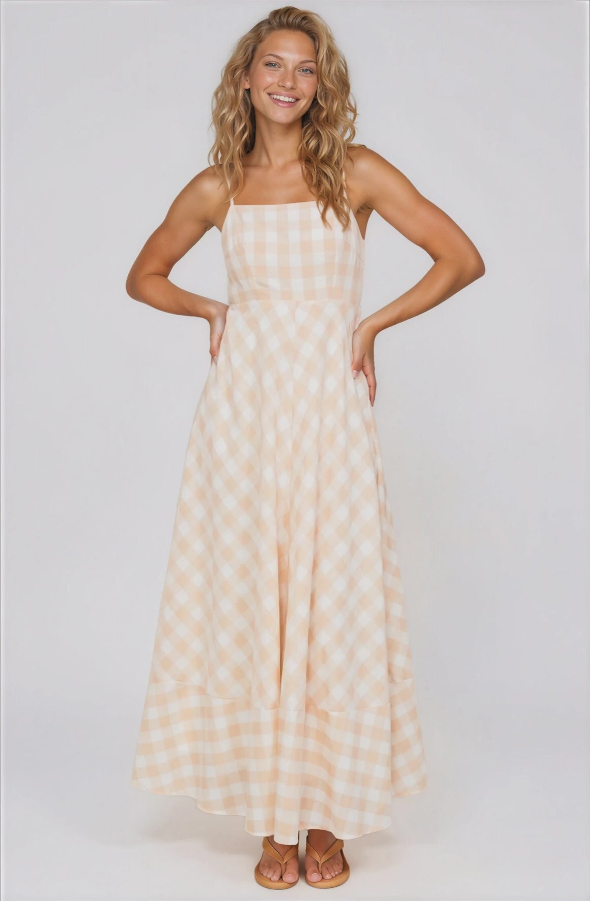 Klara Maxi Dress - Spaghetti Strap A-Line Dress in Gingham Beige