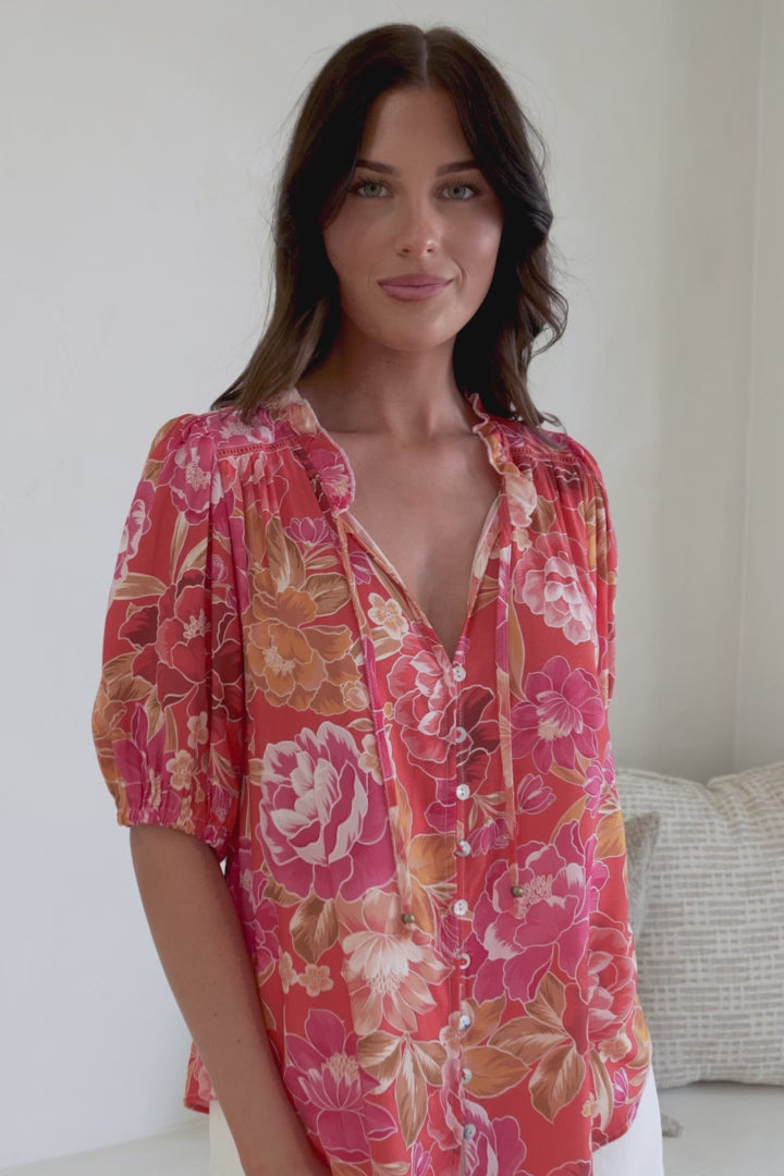 Neo Blouse - High Frill Collar Button Down Shirt in Mirella Print