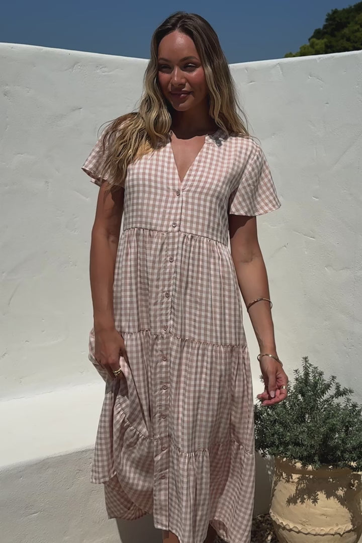 Milla Midi Dress - Tiered Button Down Dress in Gingham Mistee Print Beige
