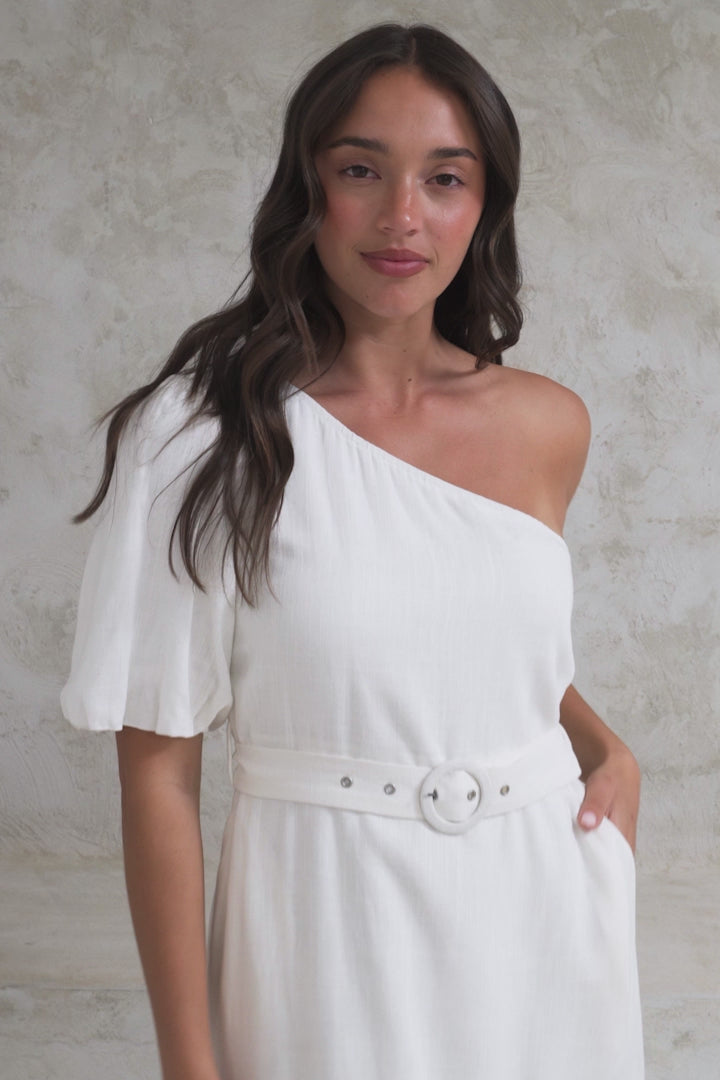 Penelope Midi Dress - Asymmetric One Shoulder Dress with Matching Belt in White