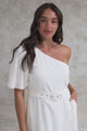 Penelope Midi Dress - Asymmetric One Shoulder Dress with Matching Belt in White