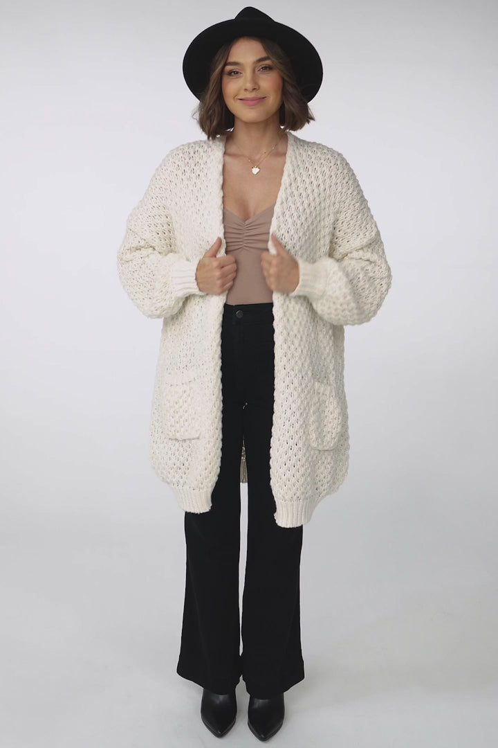 Ricki Cardigan - Open Front Chunky Knit Cardigan in Cream