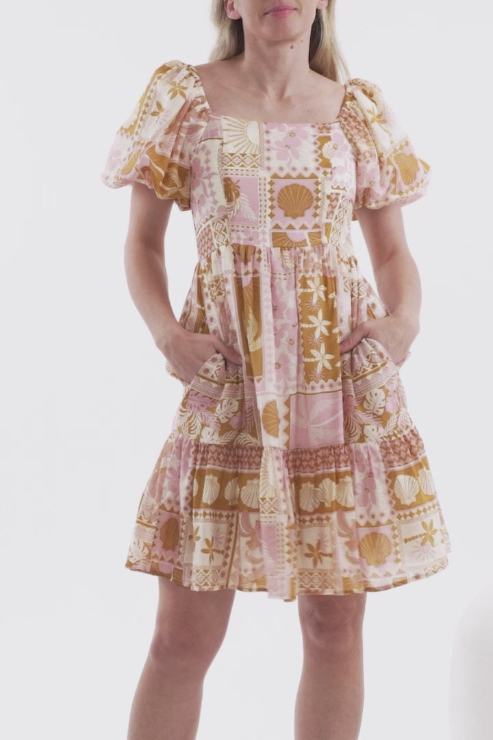 Elea Mini Dress - Multiway Neckline A-Line Dress with Balloon Sleeves in Cersi Print