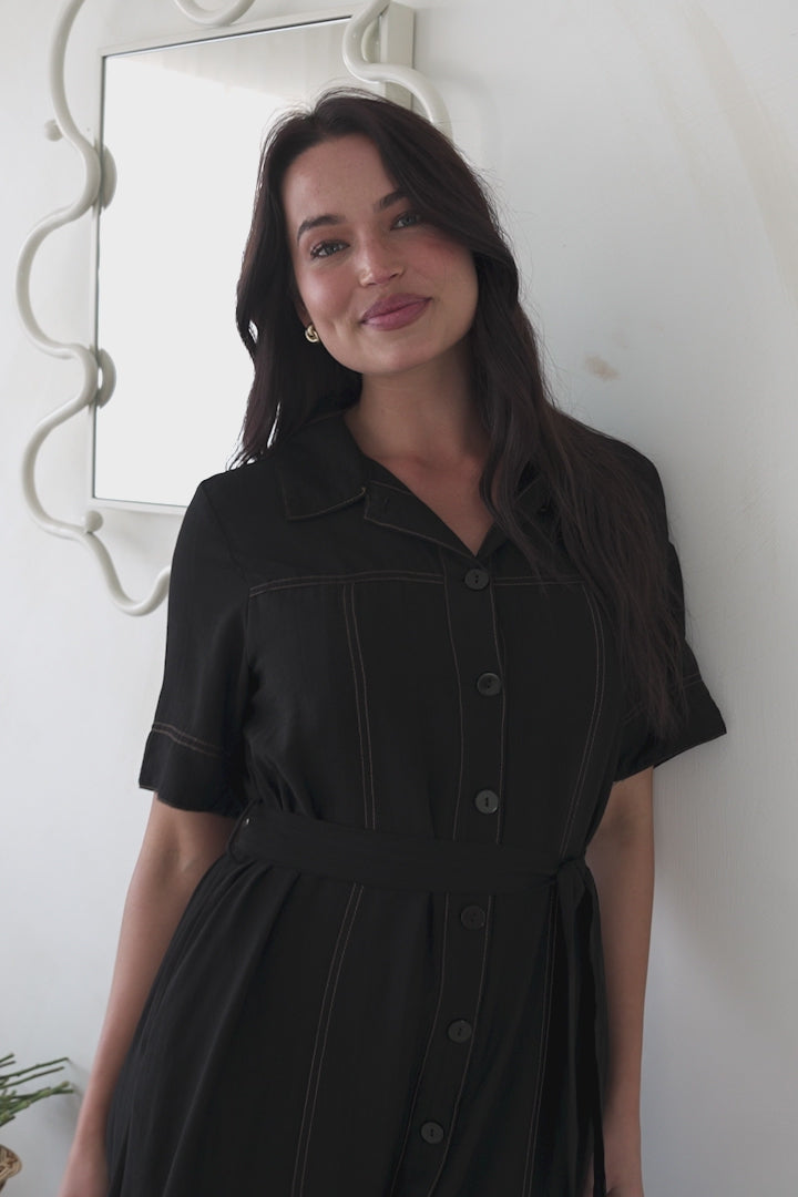 Miranda Midi Dress - Contrast Stitching Shirt Dress with Matching Waist Tie in Black