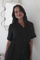 Miranda Midi Dress - Contrast Stitching Shirt Dress with Matching Waist Tie in Black