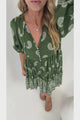 Mirtes Mini Dress - Mandarin Collar Short Sleeve with Tie Smock Dress in Cleo Print Green