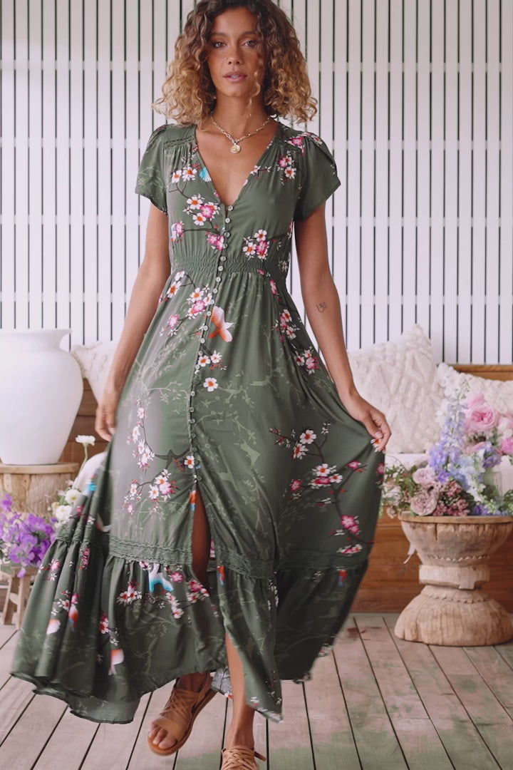 JAASE - Carmen Maxi Dress: Butterfly Cap Sleeve Button Down A Line Dress with Lace Trim in Bird Paradise Print