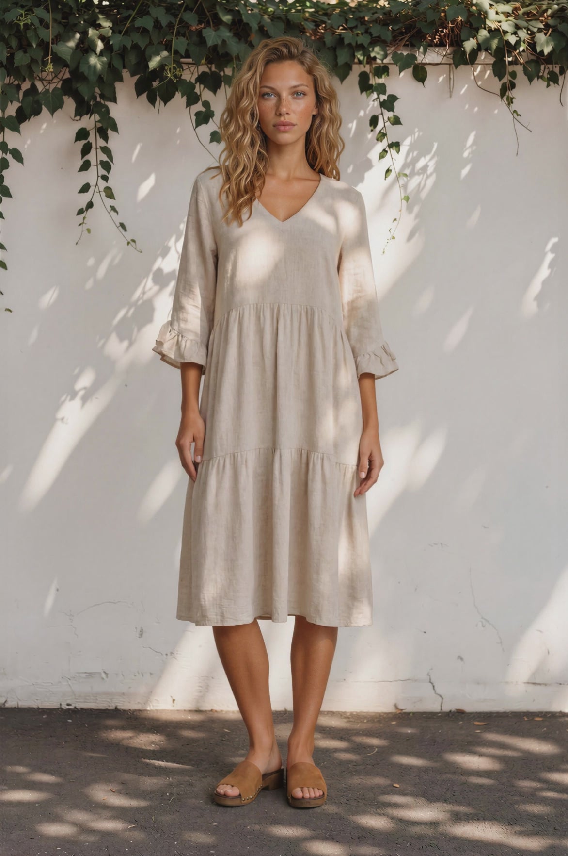 Bobby Midi Dress -  V-Neck Tiered Linen Dress with Pockets in Beige