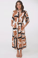 Addax Midi Dress - Collared Button Down Dress with Bell Sleeves and Ruffle Hem in Zuni Print