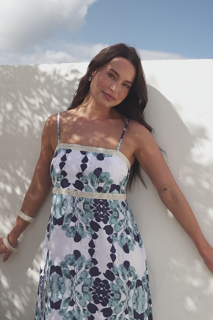 Novalie Midi Dress - Spaghetti Strap Sun Dress with Lace Splicing and Pockets in Calea Print Blue