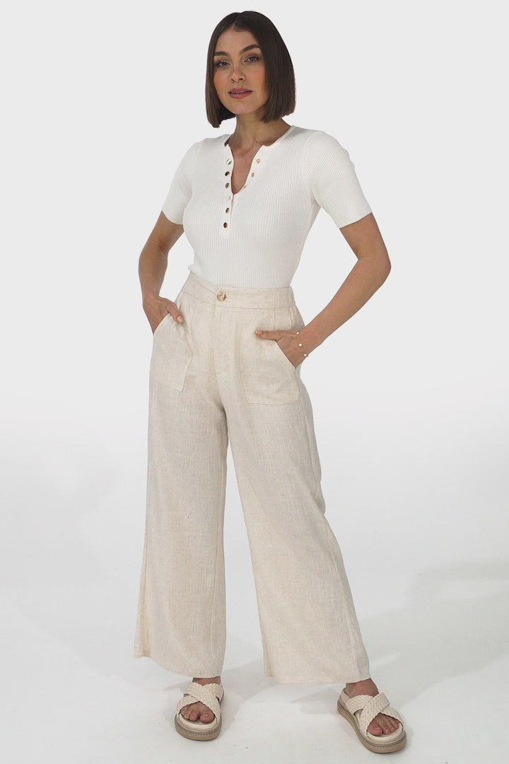 Devira Linen Pants - High Waisted Wide Leg Pant in Oat