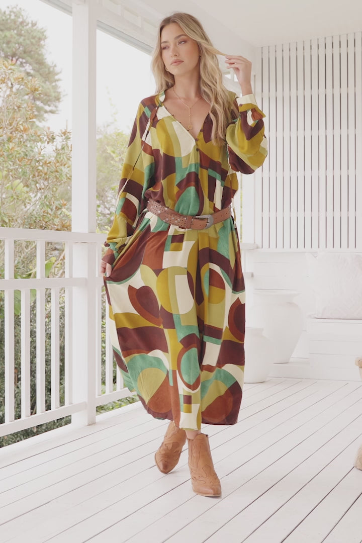 JAASE - Bree Maxi Dress: V Neckline Pull Over Dress with Long Sleeves in Bardot Print