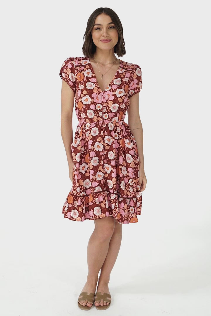 Lizzie Mini Dress - Butterfly Cap Sleeve Button Down Dress with Pockets in Pixie Print