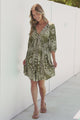 Alessia Mini Dress - Empire Waist Swing Dress with Open Tie Back Detail with Balloon Sleeves in Barley Print Khaki