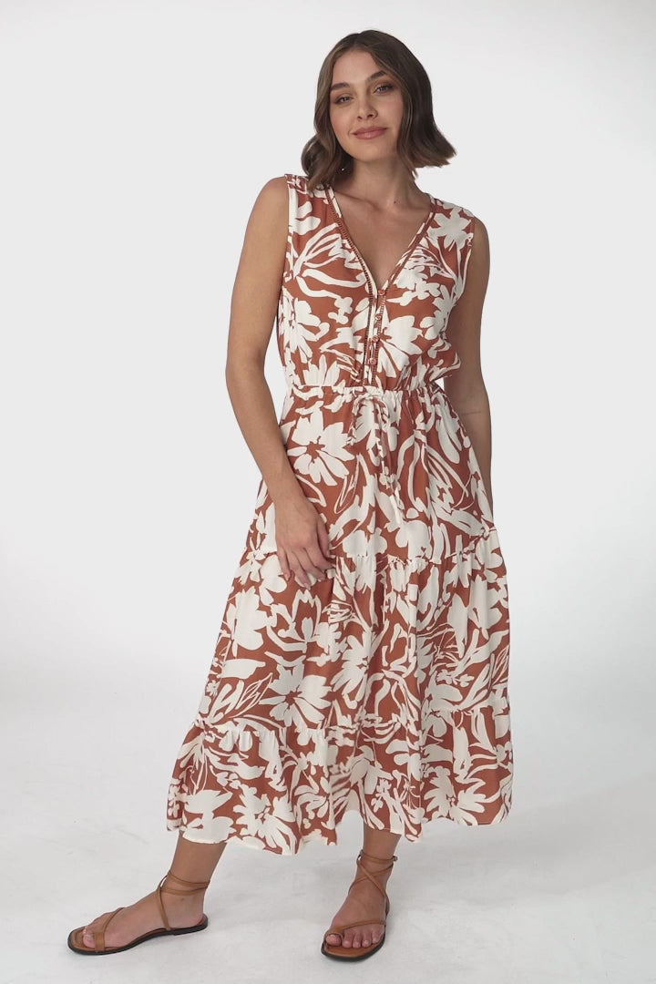 Gia Maxi Dress - Sleeveless Crochet Bodice Detail A Line Dress with Waist Tie in Charis Print Rust