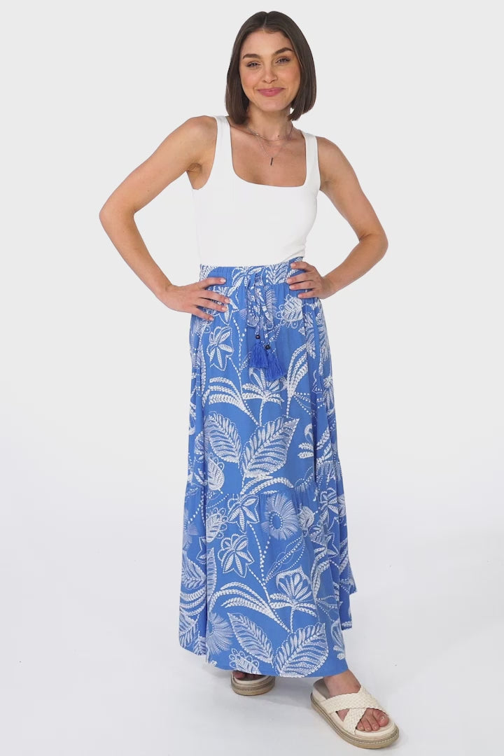 Hellen Maxi Skirt - High Waisted Skirt with Front Splits in Havanna Print Blue