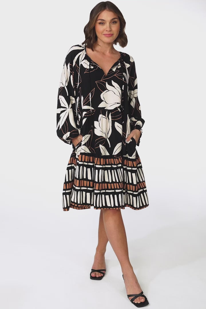 Larah Mini Dress -V Neck Ruffled Smock Dress in Ravenna Print