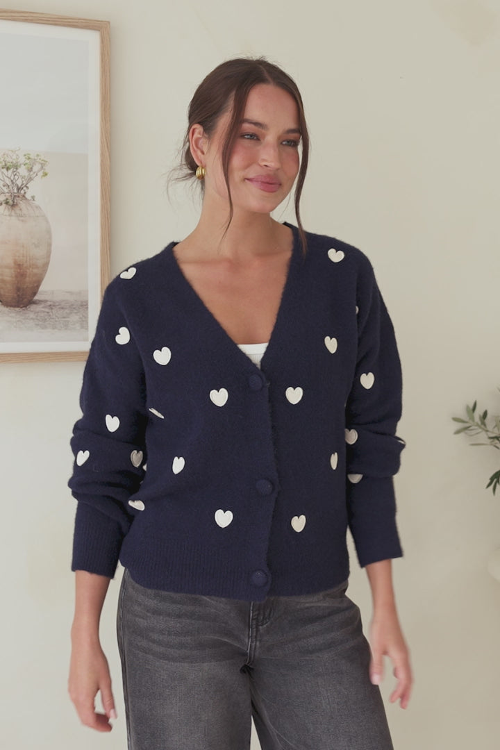 Hartley Cardigan - V Neck Button Front Heart Embroidered Knit with Matching Fabric Buttons in Navy