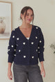 Hartley Cardigan - V Neck Button Front Heart Embroidered Knit with Matching Fabric Buttons in Navy