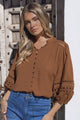 Alyce Shirt - Mandarin Collar Cut Out Detailed Sleeve Button Down in Tan