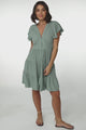 Amy Mini Dress - Frill Cap Sleeve Button Down V Neck Dress in Sage