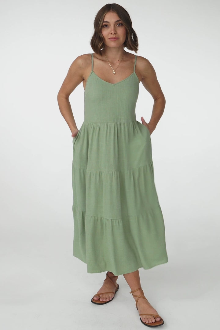 Arlowe Midi Dress - Soft V Neckline Tiered Linen Sun Dress in Sage