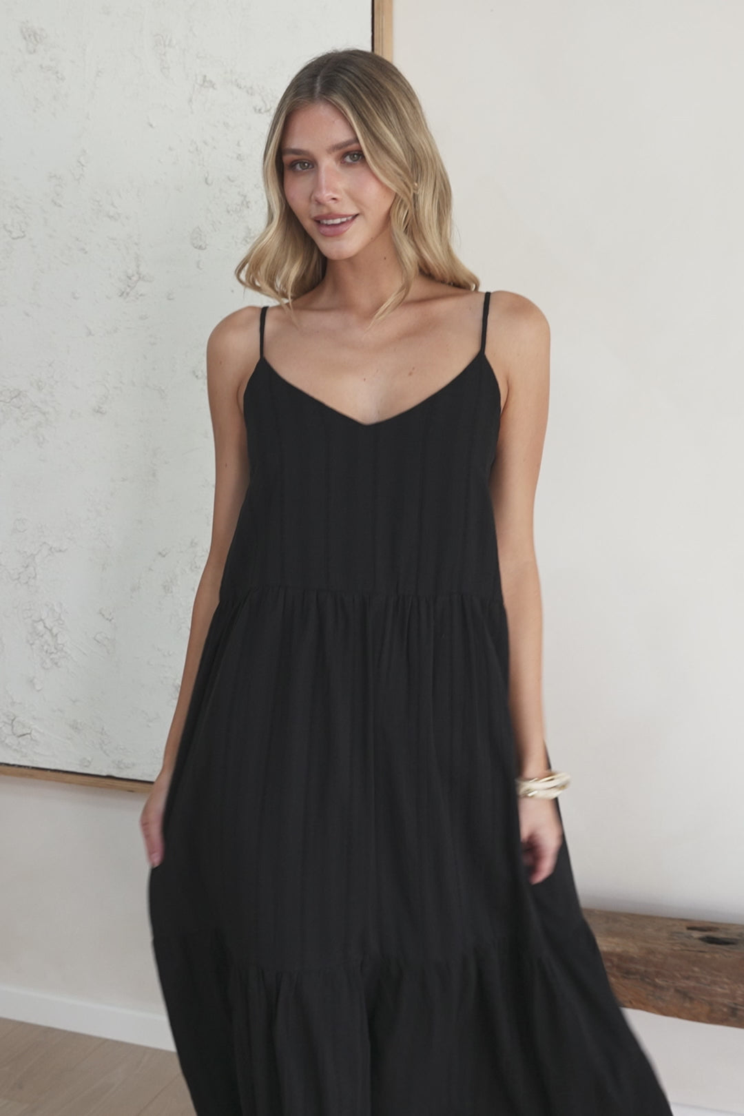 Alora Midi Dress - Textured V Neck Tiered Dress with Adjustable Straps in in Black