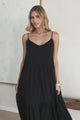Alora Midi Dress - Textured V Neck Tiered Dress with Adjustable Straps in in Black