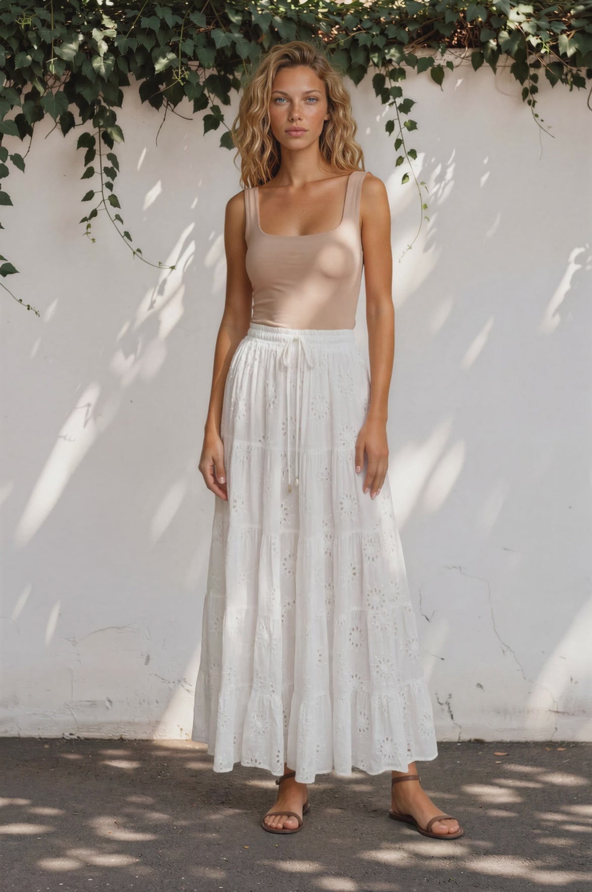 Blanche Maxi Skirt -Hollow out Embroidered Skirt in White
