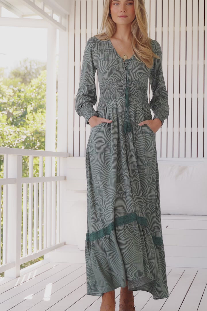 JAASE - Sabrina Maxi Dress: A Line Button Through Dress with Long Sleeves in Ishana Print