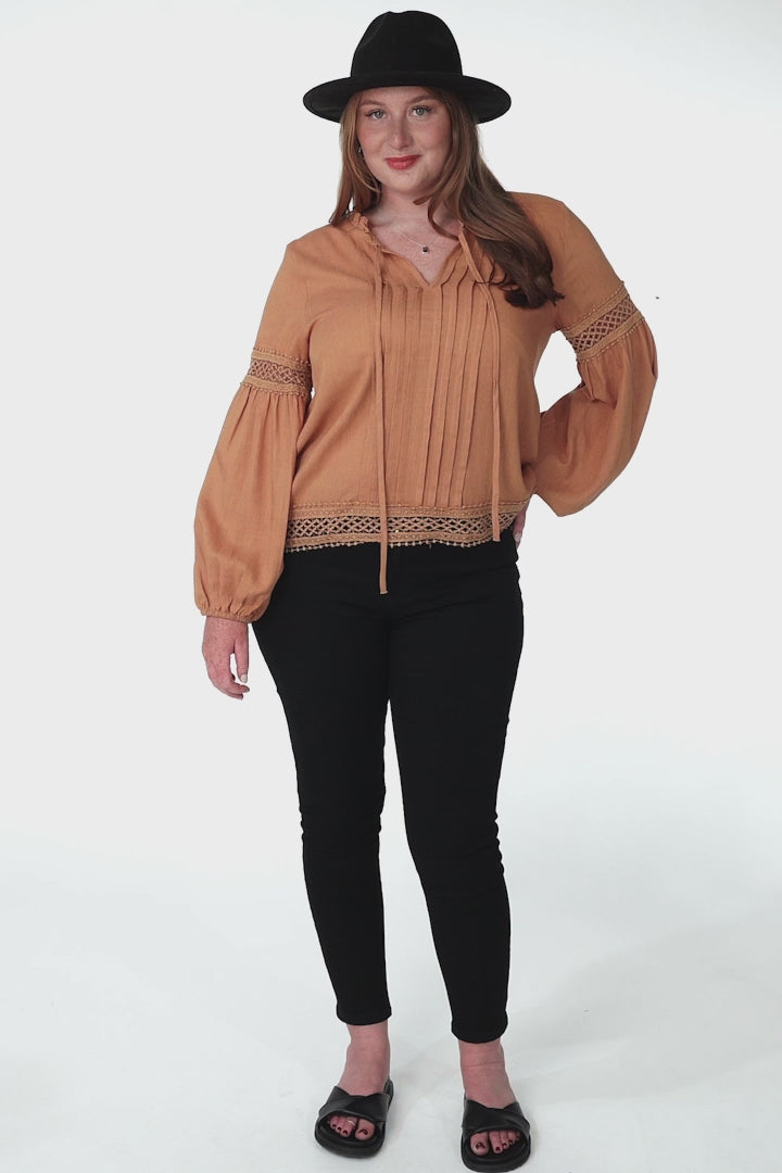 Silas Top - Cotton Blend Pleating and Crochet Detailed Long Sleeve Blouse in Tan