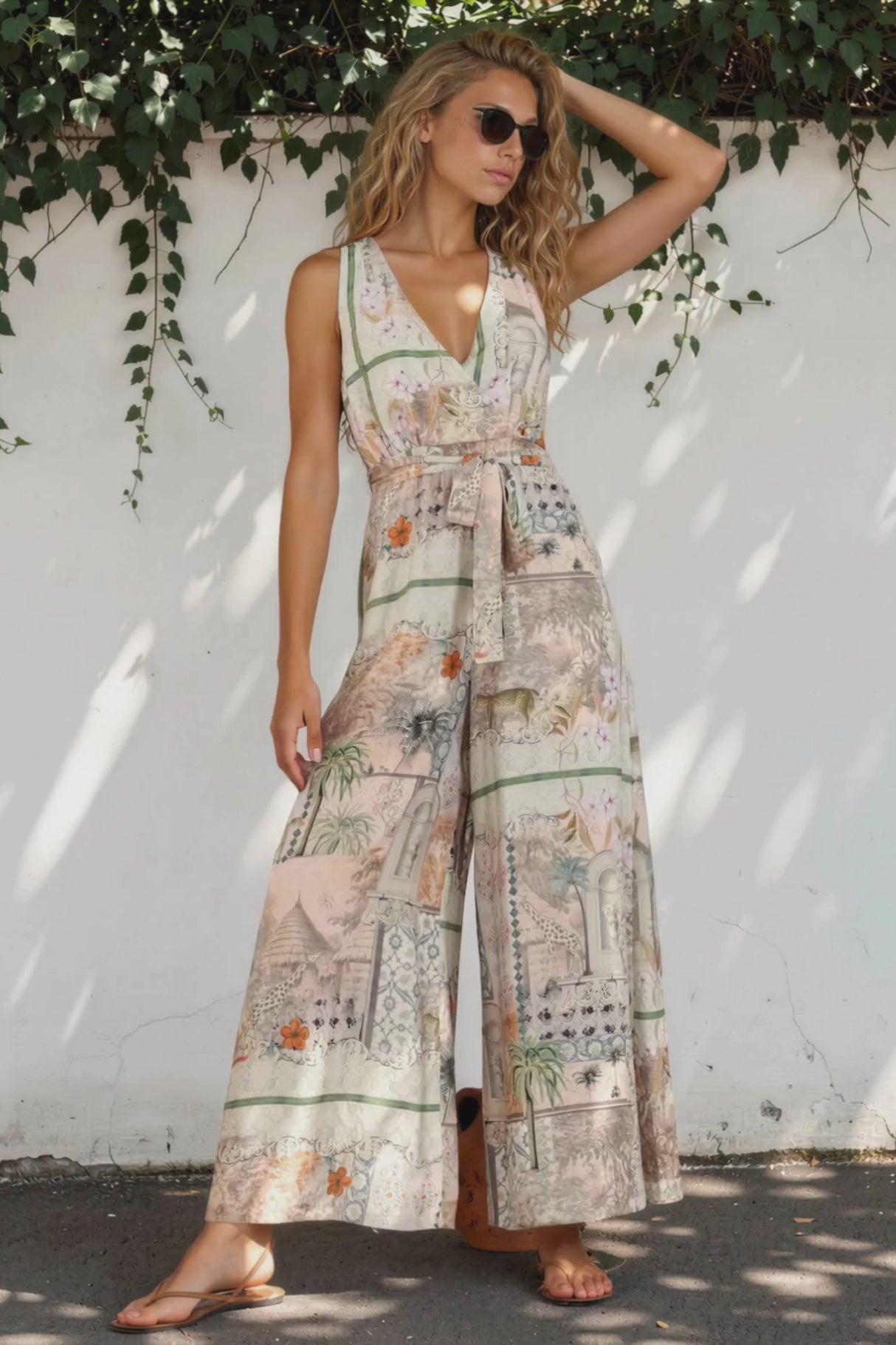 Lira Jumpsuit - V-Neck Wide Leg Pant Jumpsuit with Belt in Tempest Print