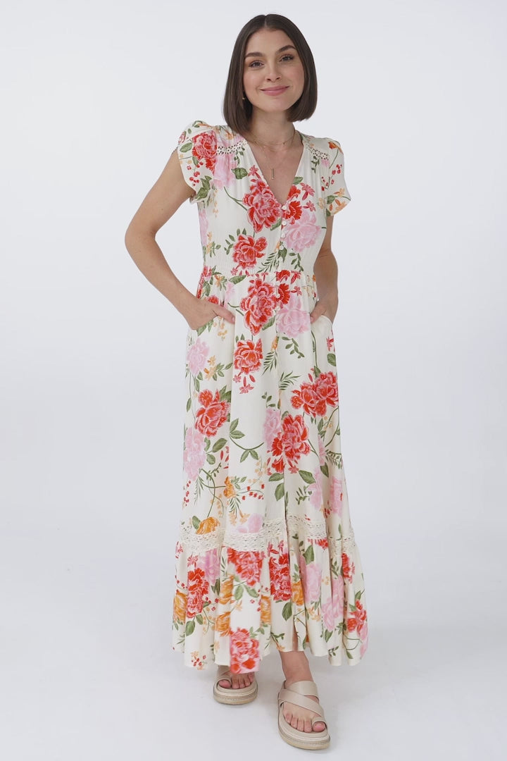 JAASE - Carmen Maxi Dress: Butterfly Cap Sleeve Button Down A Line Dress with Lace Trim in Verbena