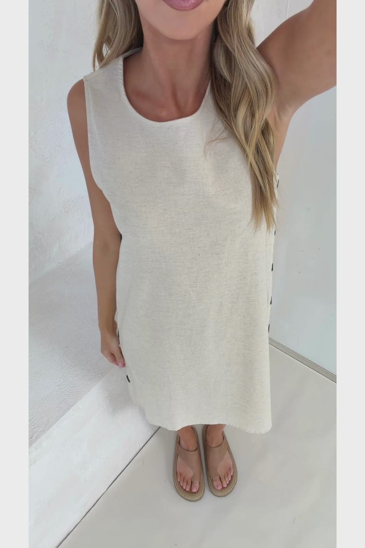 Bonny Mini Dress - Sleeveless Shift Dress with Large Button Detailed Side Seams in Beige