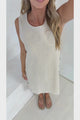 Bonny Mini Dress - Sleeveless Shift Dress with Large Button Detailed Side Seams in Beige