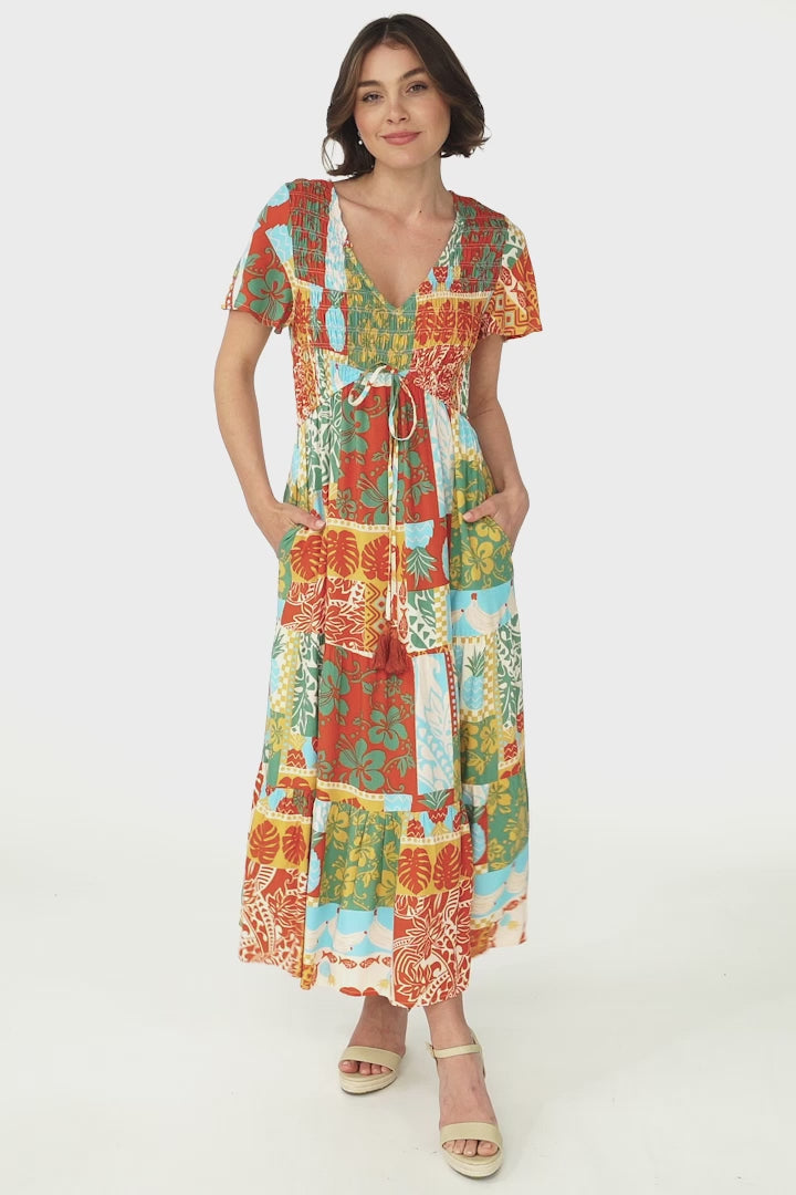 Amaya Midi Dress - Shirred Cap Sleeve A Line Dress in Chantilly Print