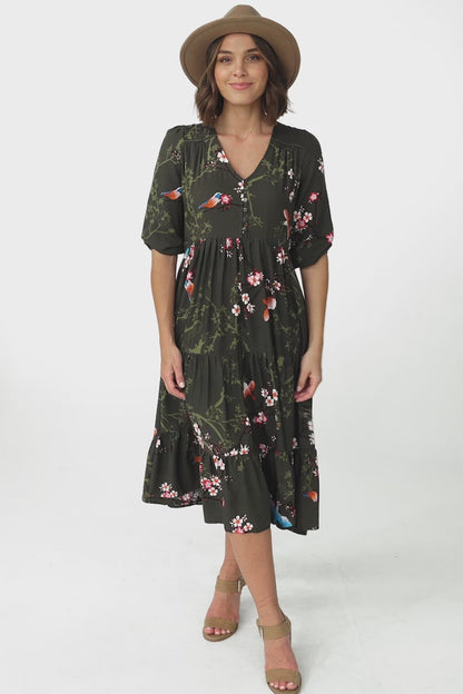 JAASE - Eve Midi Dress: V Neck Tiered Dress with Option Waist Tie in Birds Paradise Print