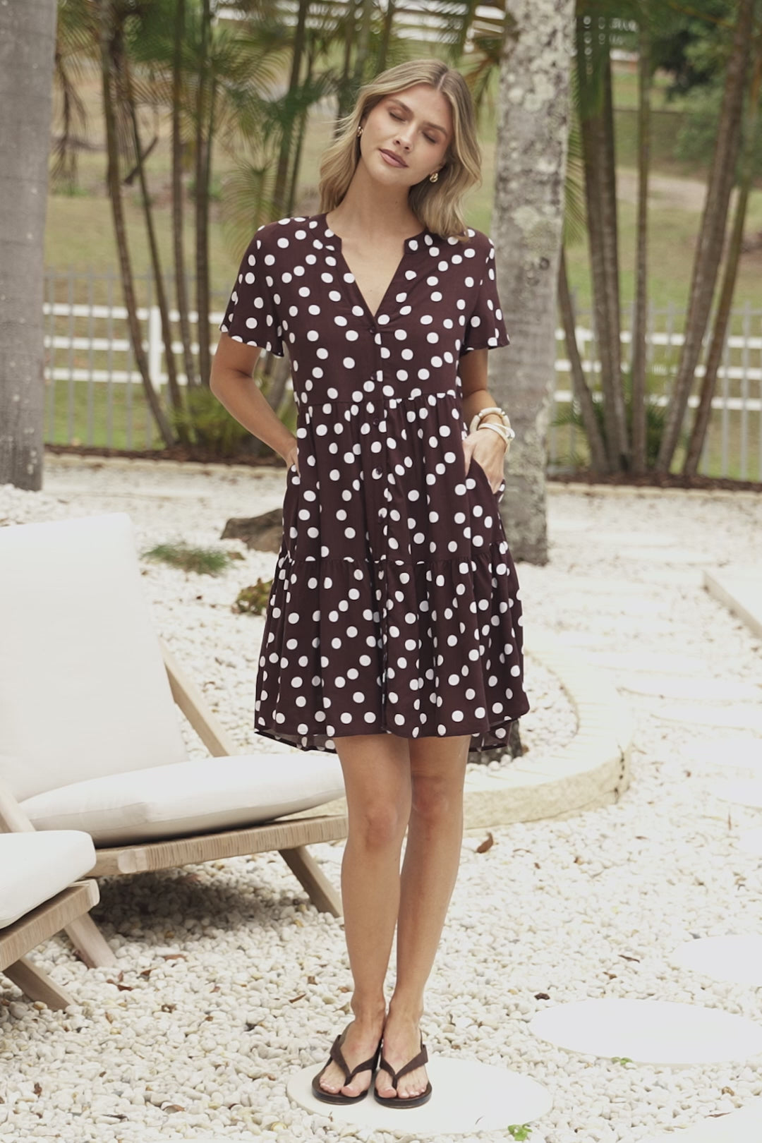 Wilma Mini Dress - Bermuda Collar Button Down Dress with Cap Sleeves in Ethos Spot Chocolate