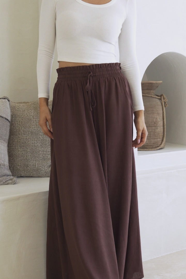 Charli Pants - Paper Bag High Waisted Wide Leg Pants in Brown