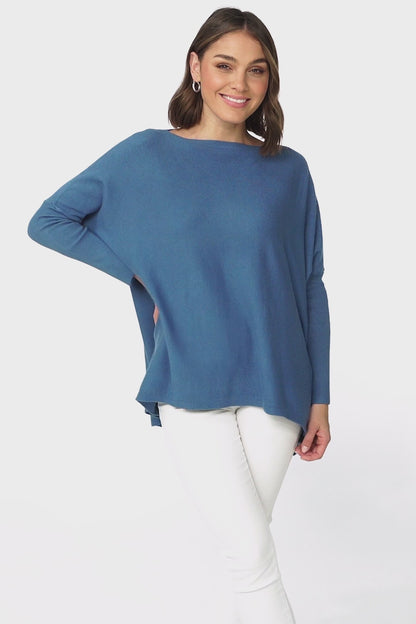 Belinda Knit Top - Boat Neckline Boxy Batwing Top in Navy