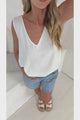 Arlete Top - V Neck Singlet with Lattice Detail Side Seams in White
