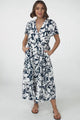 Bree Midi Dress - Relaxed Mandarin Collar Button Down Tiered Dress in Charis Print Blue