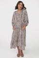 Kamali Midi Dress - Batwing Sleeve Smock Dress with Lace Detailing in Perrie Print Beige