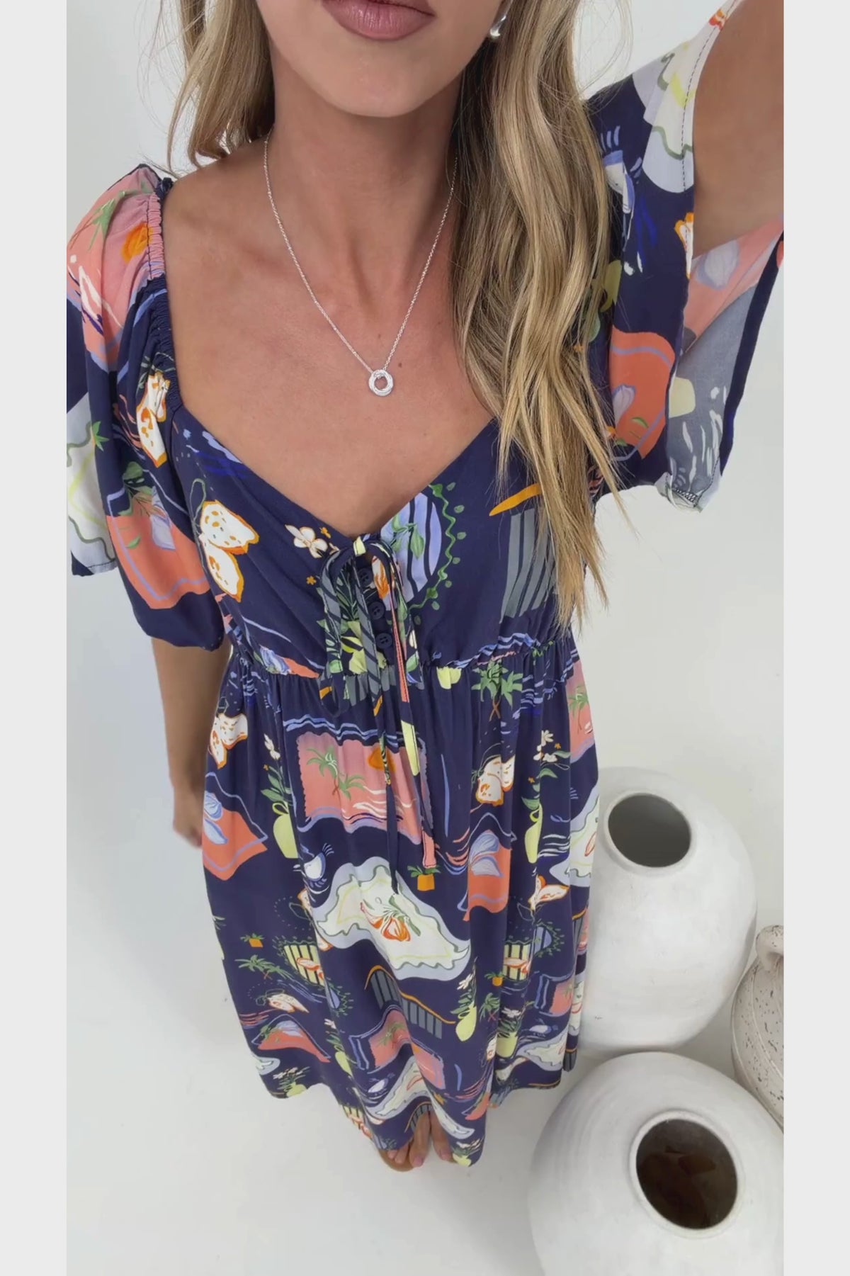 Elisha Midi Dress - On or Off Shoulder A-Line Dress with Empire Waistline in Kalil Print Navy