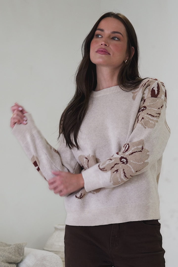 Breezy Jumper - Crew Neck Long Sleeve Floral Knit with Ribbed Hemlines in Beige